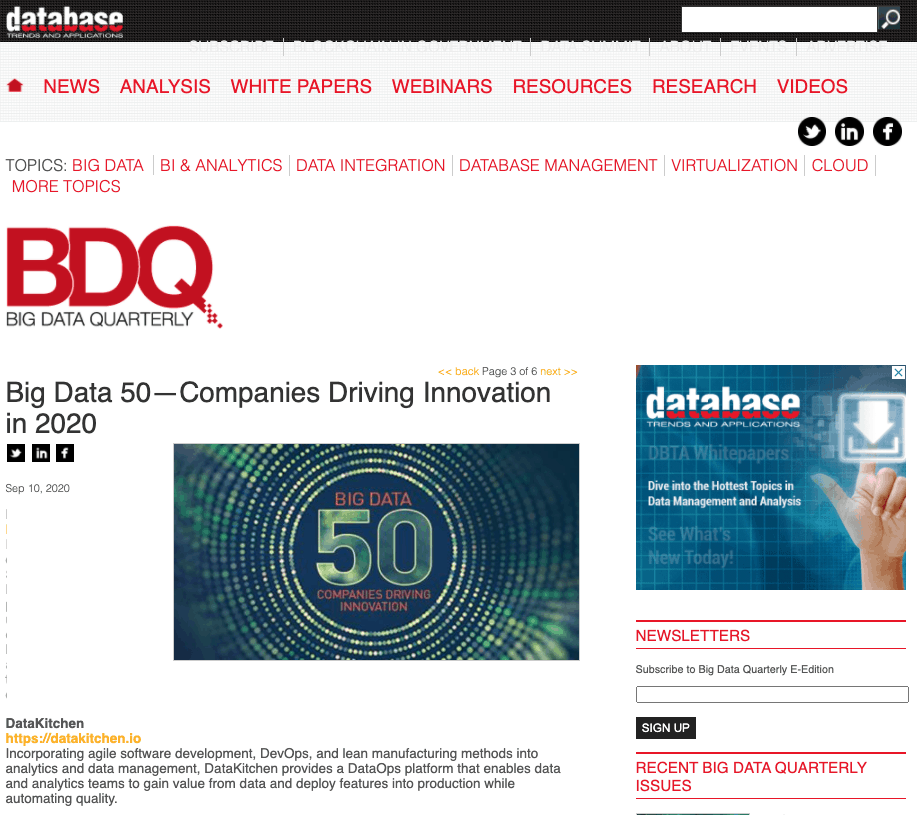 DataKitchen is listed in DBTA Big Data Quarterly's Big Data 50—Companies Driving Innovation in 2020