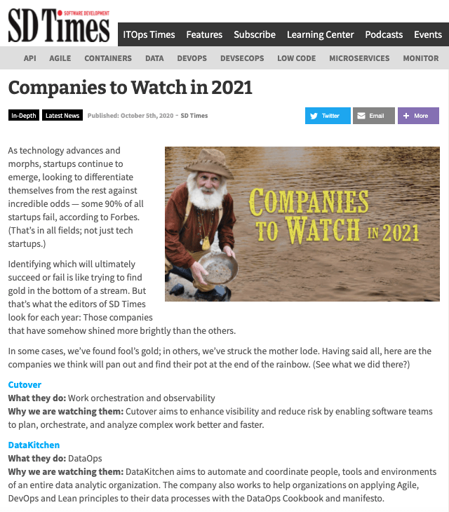 DataKitchen was featured in SD Times' Companies to Watch in 2021