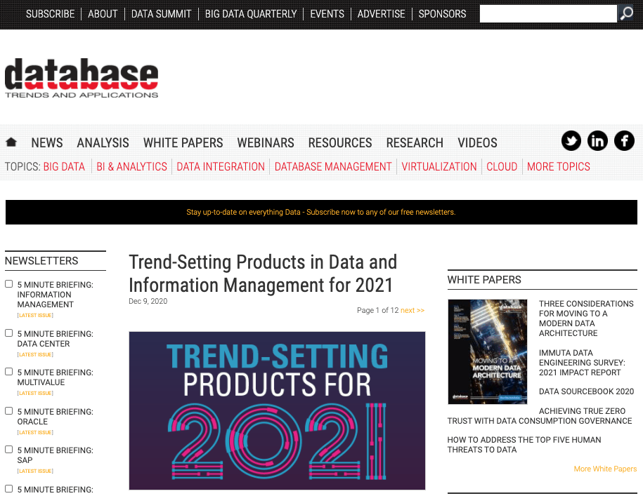 DataKitchen is listed in DBTA's Trend-Setting Products in Data and Information Management for 2021